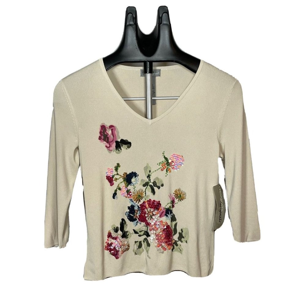 Vintage Designer Originals V neck sweater Size PP  Small Beige Floral Sequins